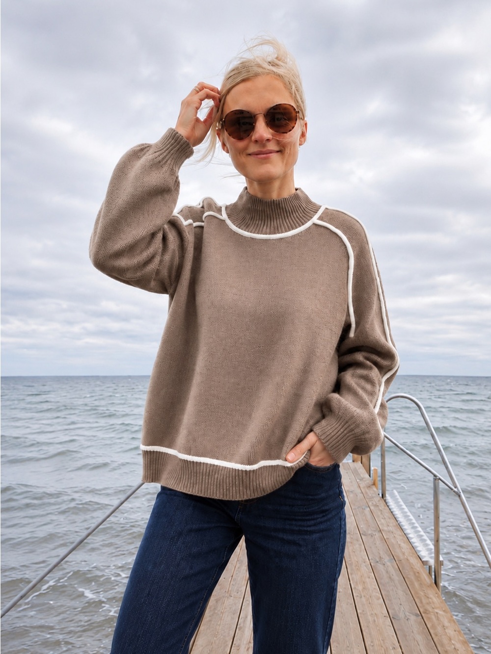 Sunday Edition Oversized Mock Neck Sweater M Cocoa Brown Contrast Trim